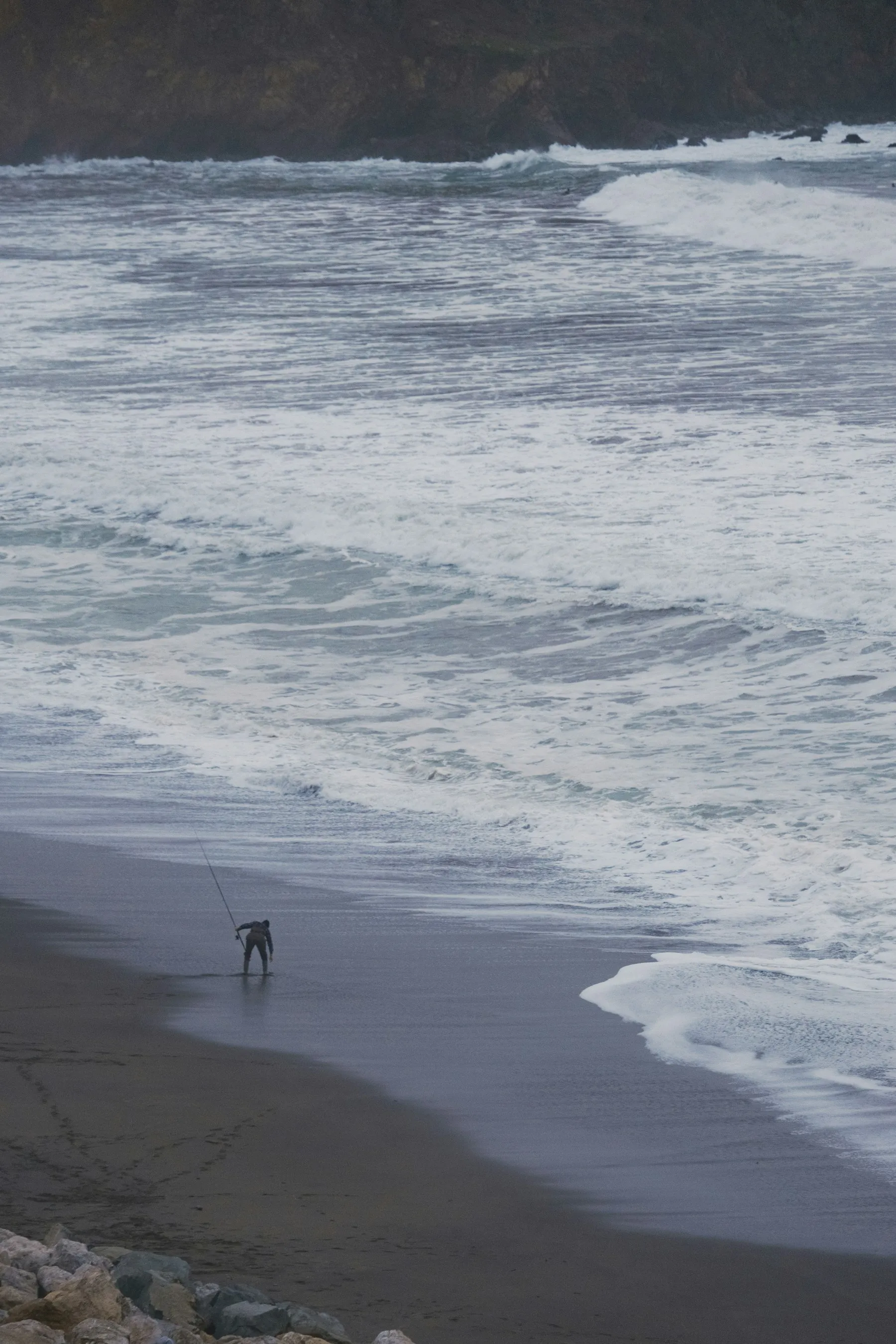 Una persona pasea a su perro por la arena junto al mar